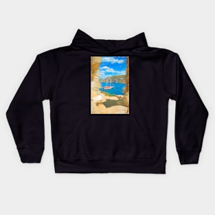 Sailboat anchored in an aegean bay in Turkey Kids Hoodie